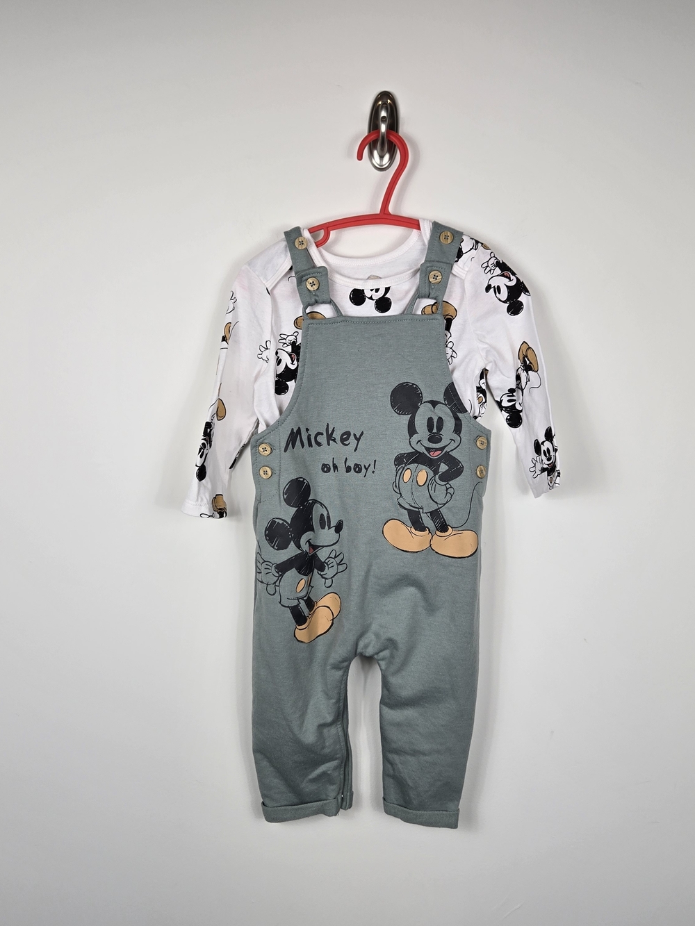 Disney Baby Mickey Mouse 12-18M Overalls & Long Sleeve Shirt 2 Piece Set